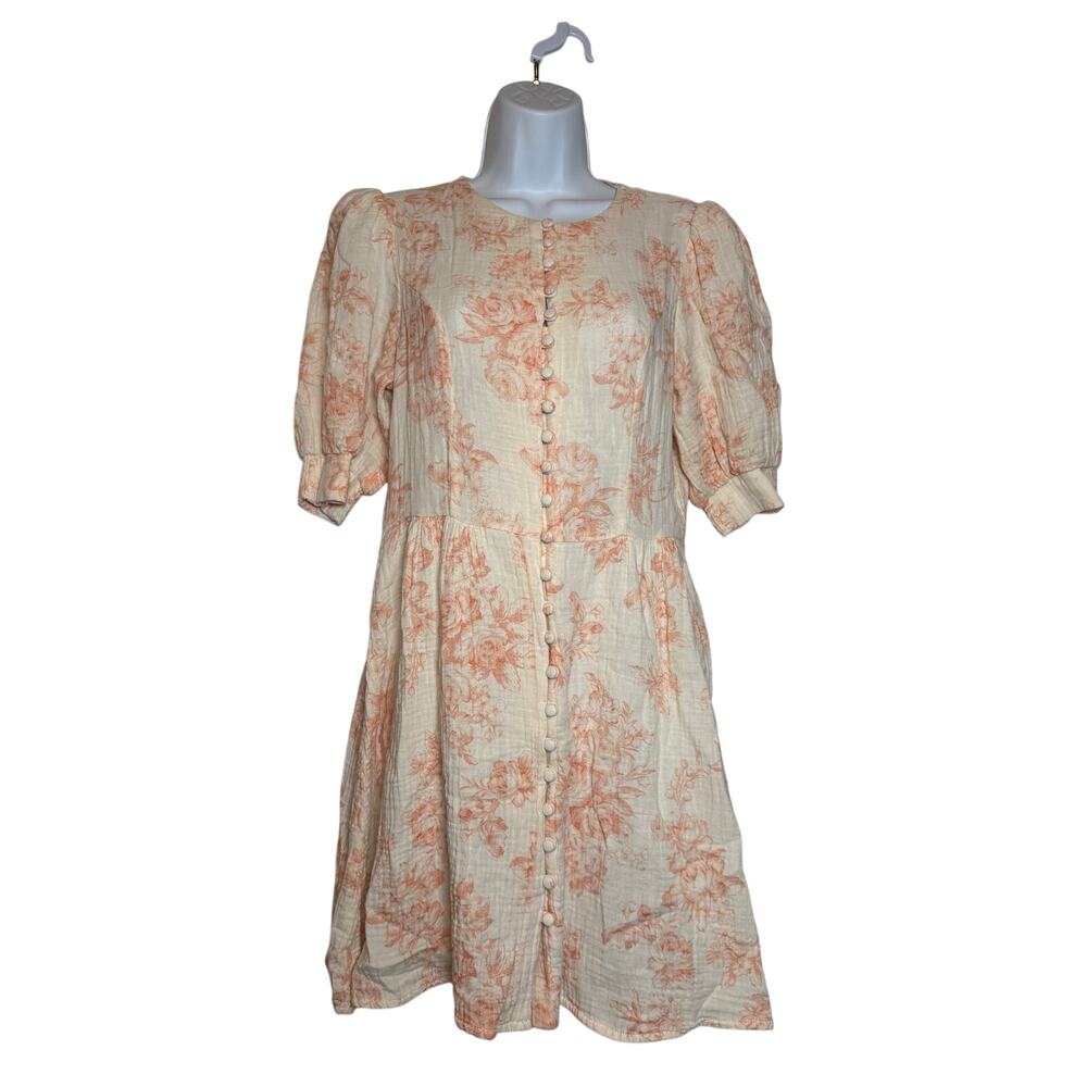 Olivaceous Floral Print Dress Peach Off White Buttons Size MEDIUM Cotton